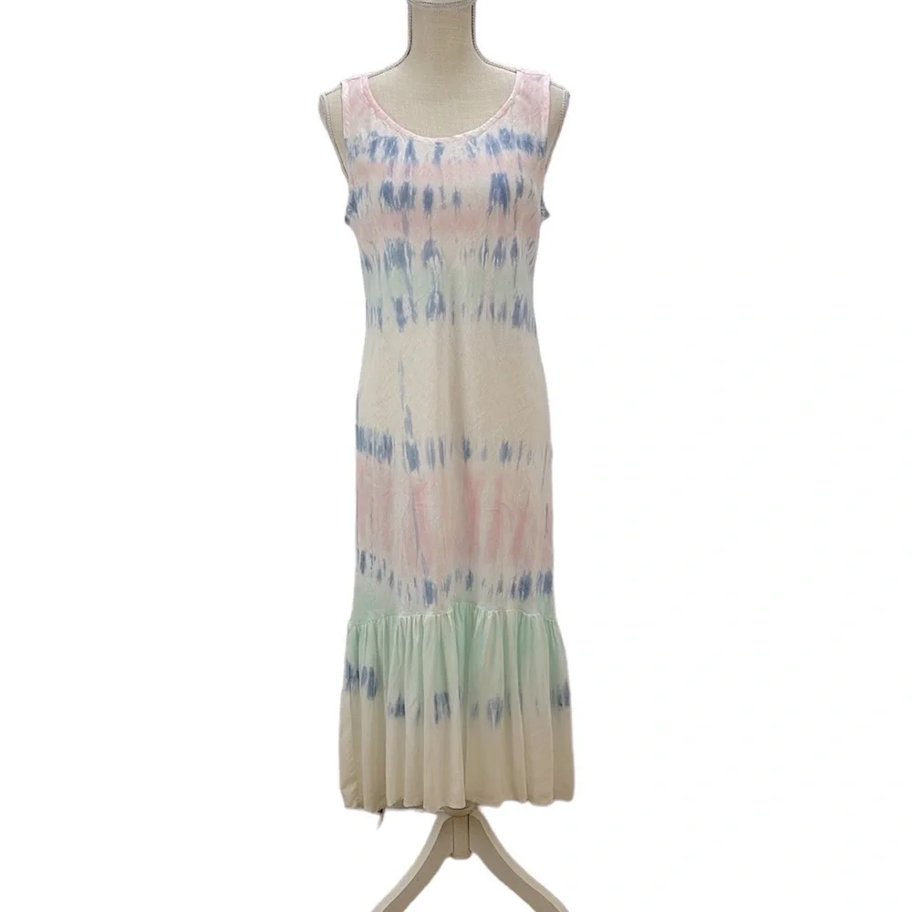 Charlie B Linen Ruffle Hi Low Hem Dress M Tie Dyed Pastel Pink Blue‎ Slee…